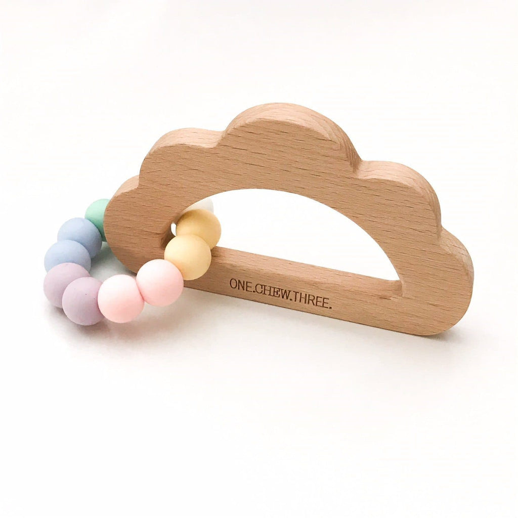 Cloud Silicone and Beech Wood Teether Teether One Chew Three Pastel Rainbow 