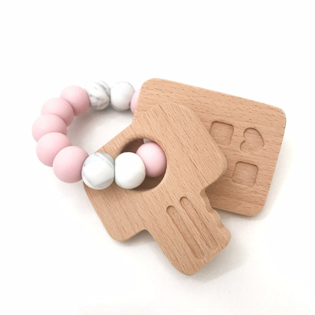 Keys To My Heart Silicone and Beech Wood Teether - Pink Teether One Chew Three Pink 