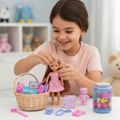 Child playing with a doll and accessories from a gift basket, bright and cheerful setting