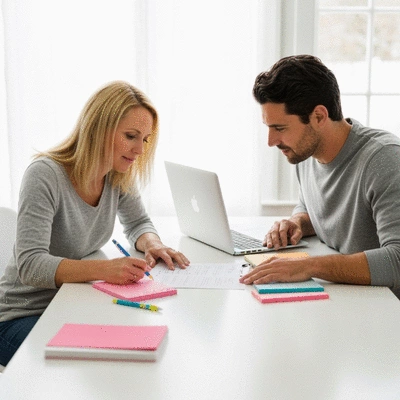 Parents busy organizing a holiday gift planning checklist with colorful stationery and a laptop, no text, no words, no typography, clean image