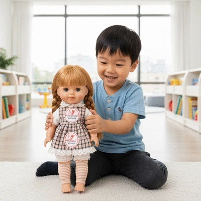 Child playing safely with a doll, with safety standard labels visible