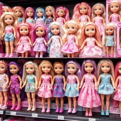 Assortment of popular doll brands like Barbie, Baby Born, and Rainbow High displayed in a store