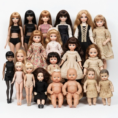 Variety of dolls on display, including fashion, collectible, baby, and vintage types