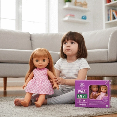 Child playing with a doll, with safety standard symbols subtly in the background