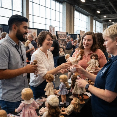Group of diverse doll collectors interacting at a doll convention