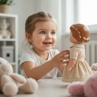 Happy child playing with a doll, symbolizing emotional development and imaginative play