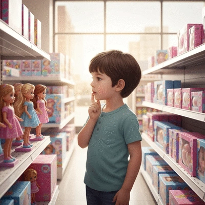 Child thoughtfully looking at dolls in a toy store, symbolizing selection process