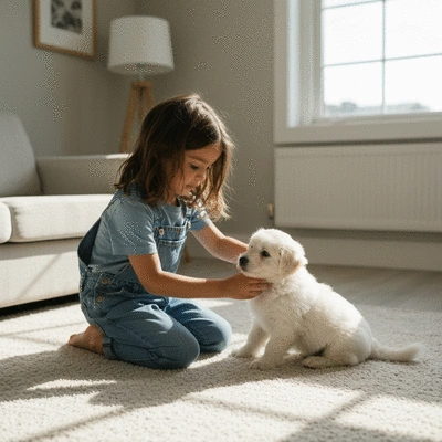 Child playing with a baby doll, soft and cuddly, in a brightly lit room