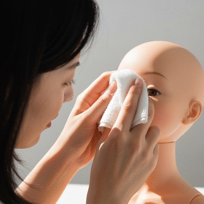 Close-up of a person gently cleaning a vinyl doll's face with a soft cloth