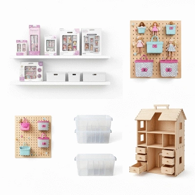 Various doll storage solutions including retail products, DIY options, and custom furniture