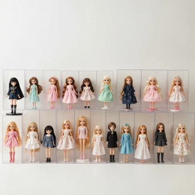 Well-organized doll collection in clear plastic bins and display cases