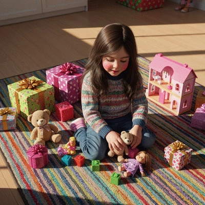 Child playing with a variety of dolls and toys on a colorful rug, surrounded by wrapped gifts, no text, no words, no typography, clean image