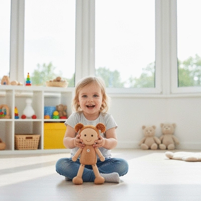 Child playing with a durable, non-toxic doll in a safe environment