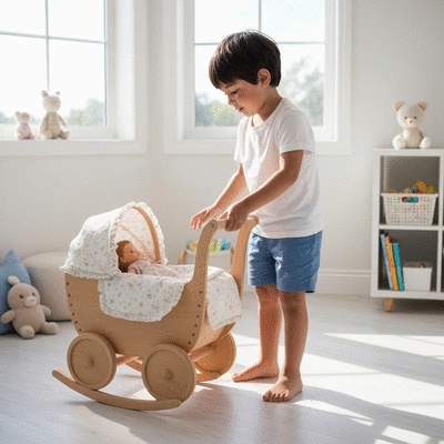 Child playing with a high-quality wooden doll pram in a bright, clean room