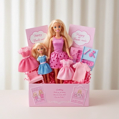 Beautifully arranged doll-themed gift basket with a Barbie doll, accessories, and a personalized card