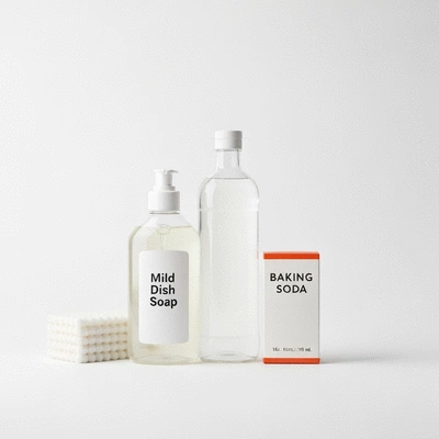 Assortment of eco-friendly cleaning supplies like mild dish soap, white vinegar, and baking soda, arranged neatly on a clean surface